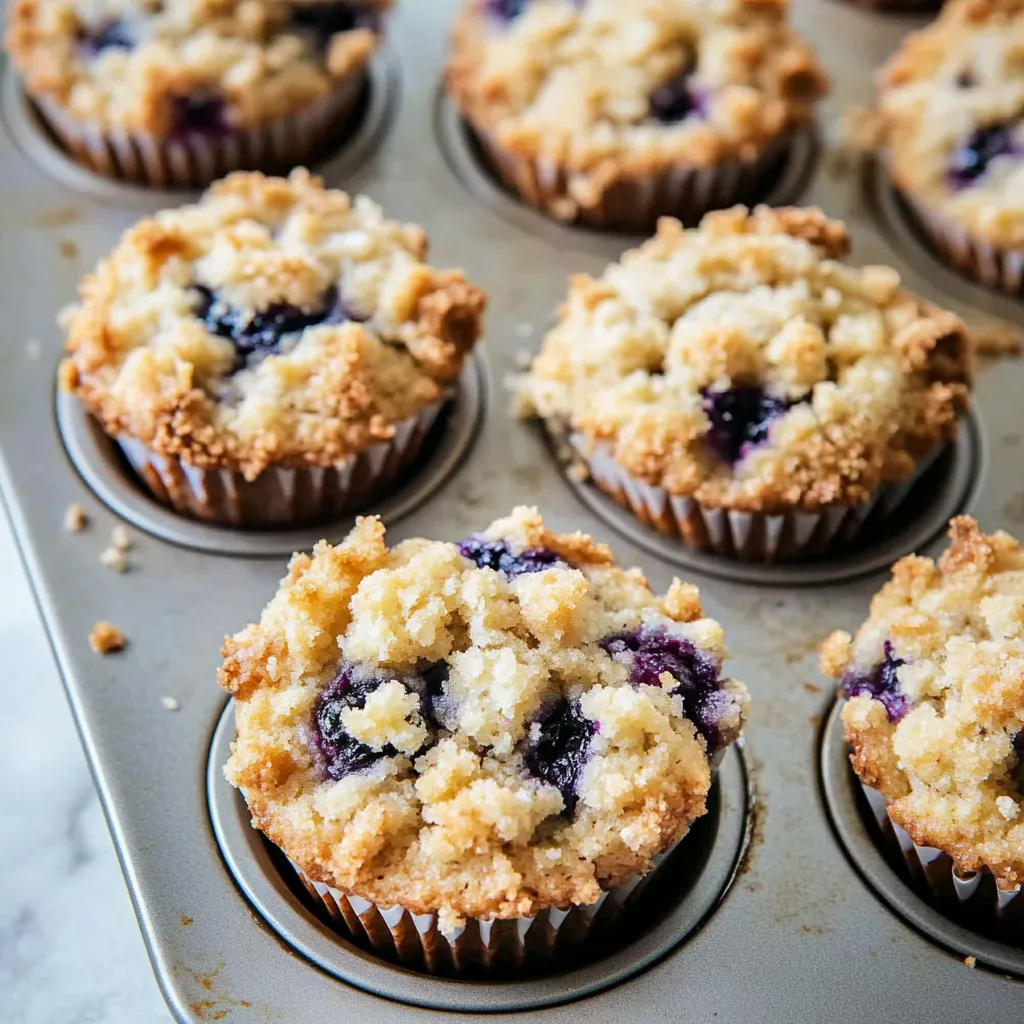 Una bandeja de muffins con arándanos.