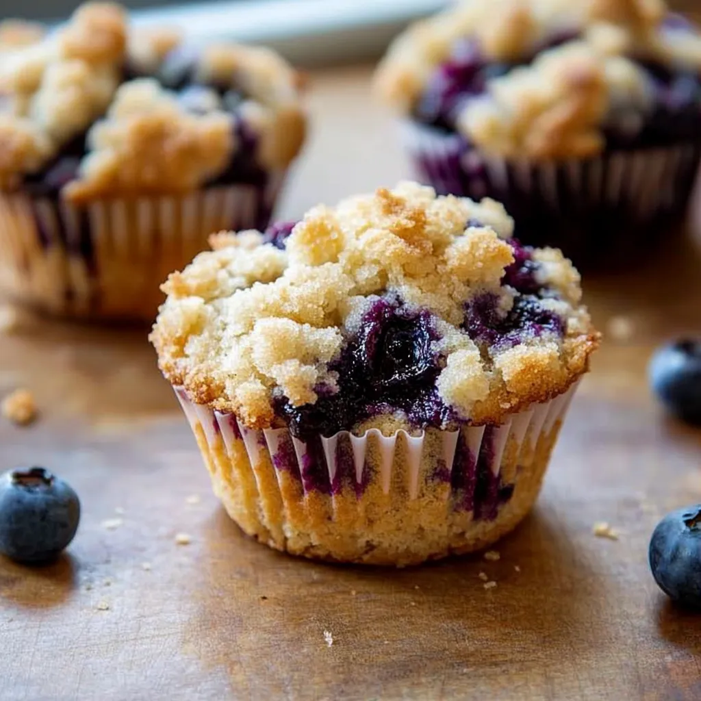 Un muffin de arándanos con un arándano encima.