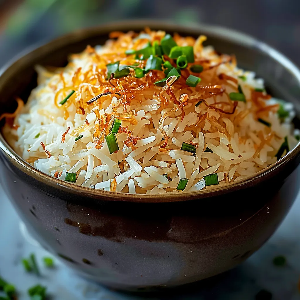 Un tazón de arroz con cebollas fritas y hierbas.