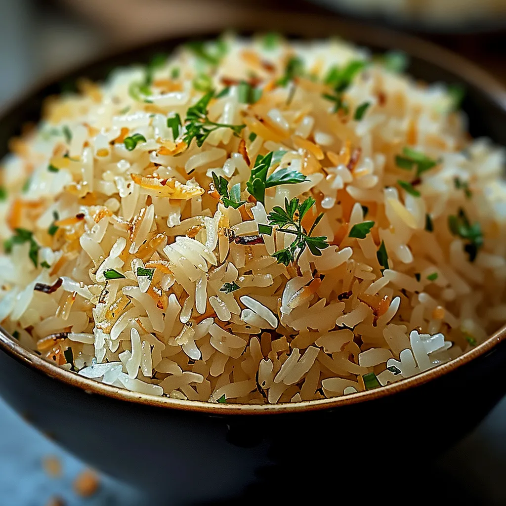 Un tazón de arroz con hierbas encima.