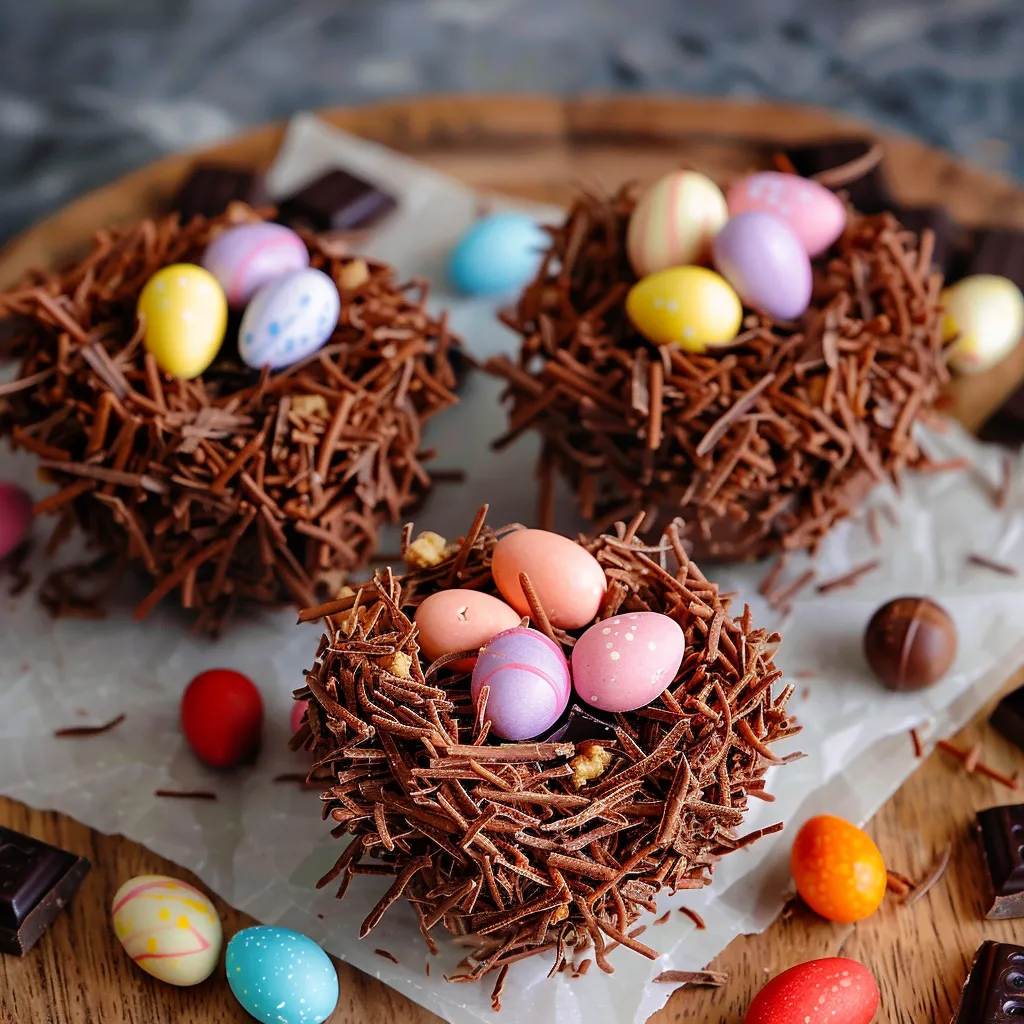 Magdalenas de chocolate con chispas de chocolate y huevos de colores encima.