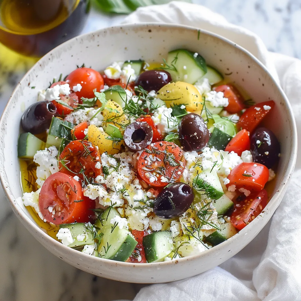 Un tazón con verduras frescas, tomates cherry, pepinos, aceitunas y queso fresco.