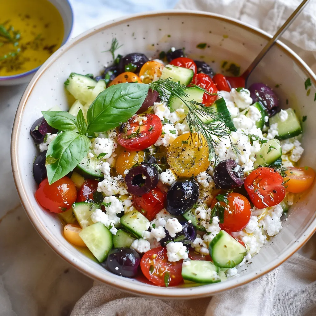 Un tazón de verduras, incluyendo tomates, pepinos y aceitunas, cubierto con queso fresco.