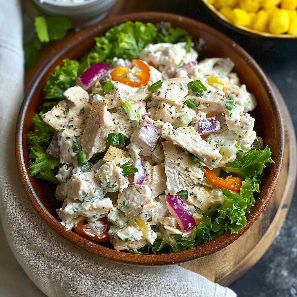 Un plato de ensalada con pollo, lechuga, tomates y chiles.