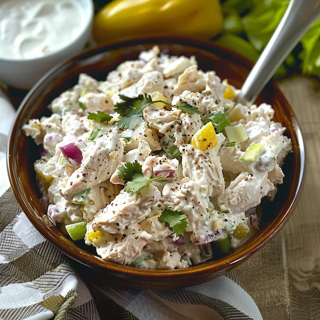 Un tazón de ensalada de pollo con una cuchara.