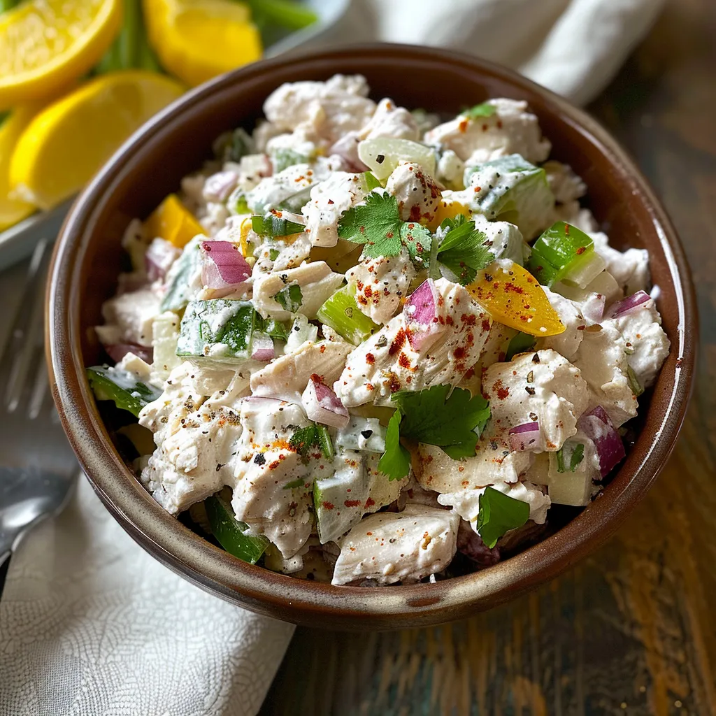 Un tazón de comida con pollo, cebollas y chiles.