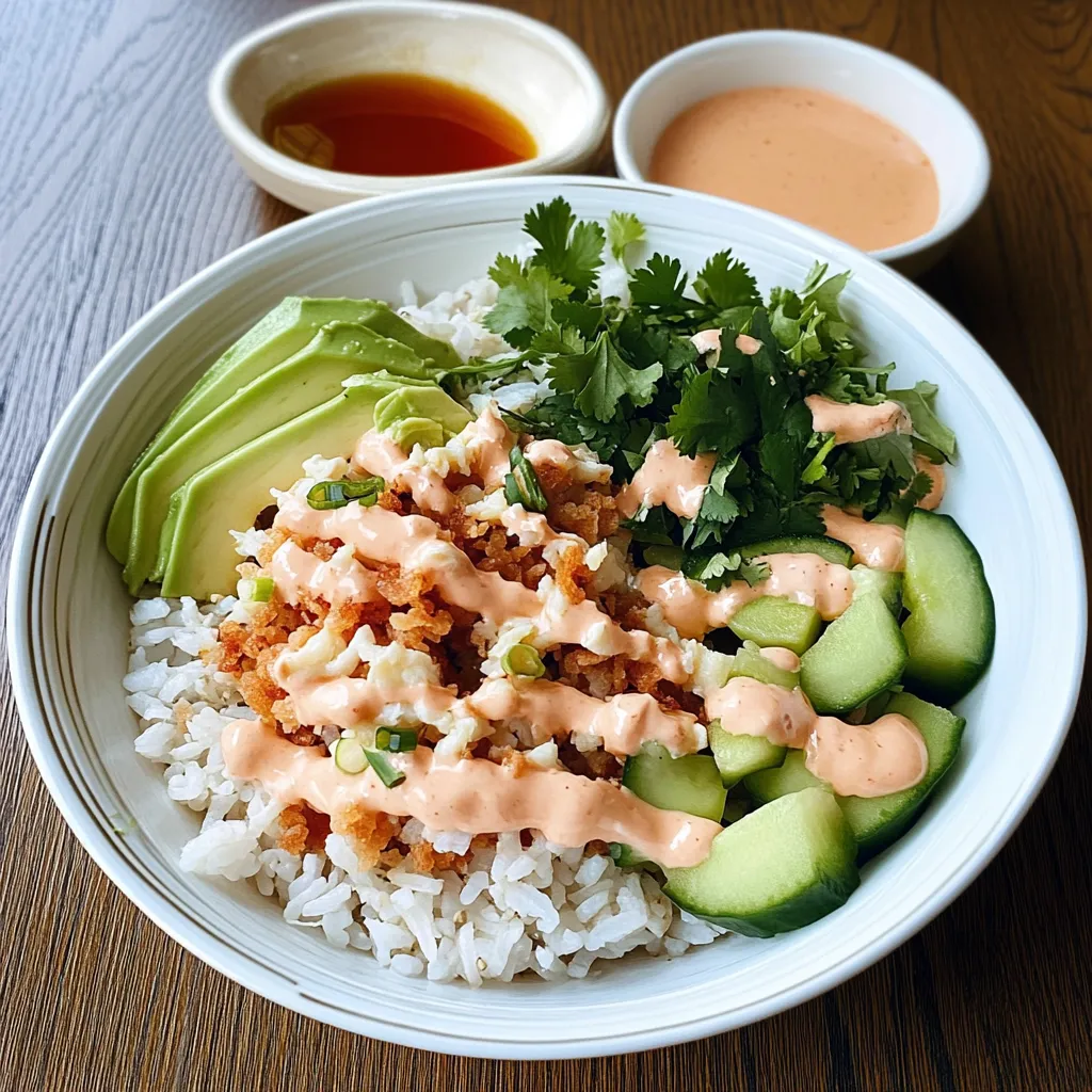 Un bowl de arroz con verduras y salsa.