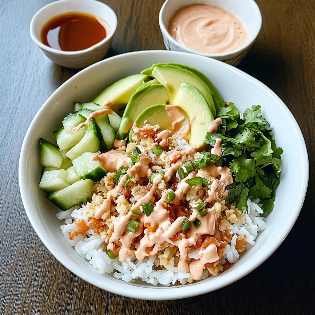 Un bowl de comida con arroz, verduras y salsa.