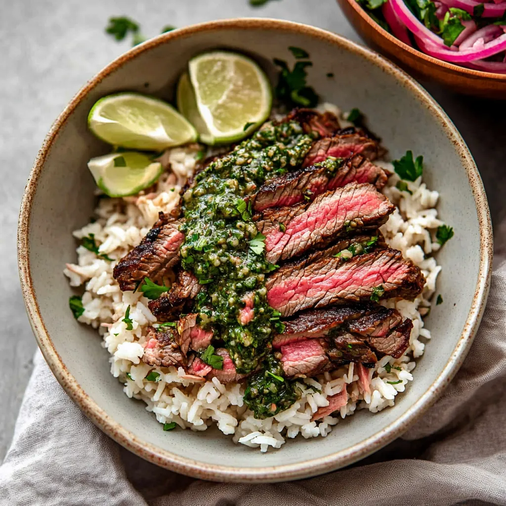 Un plato de arroz con carne y limón encima.