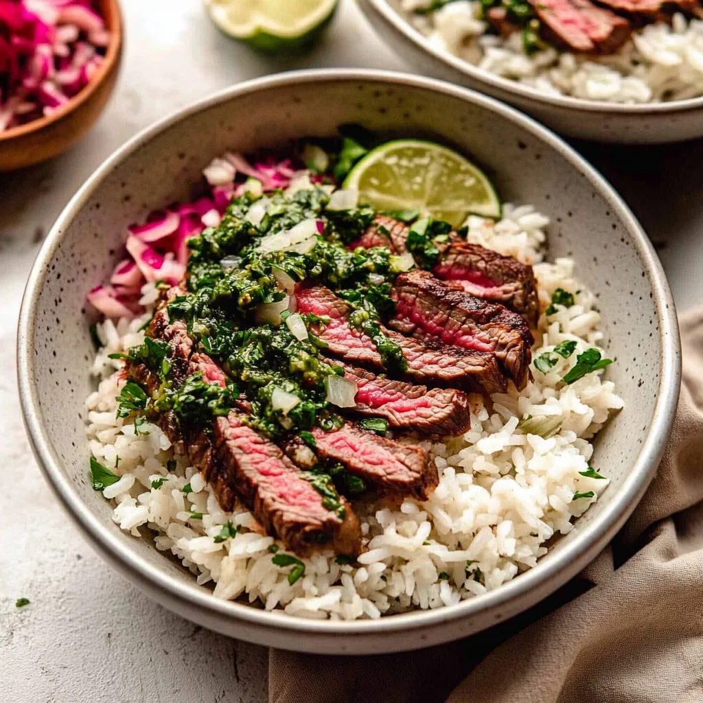 Un plato de arroz con carne y verduras, incluyendo cebollas y limones.