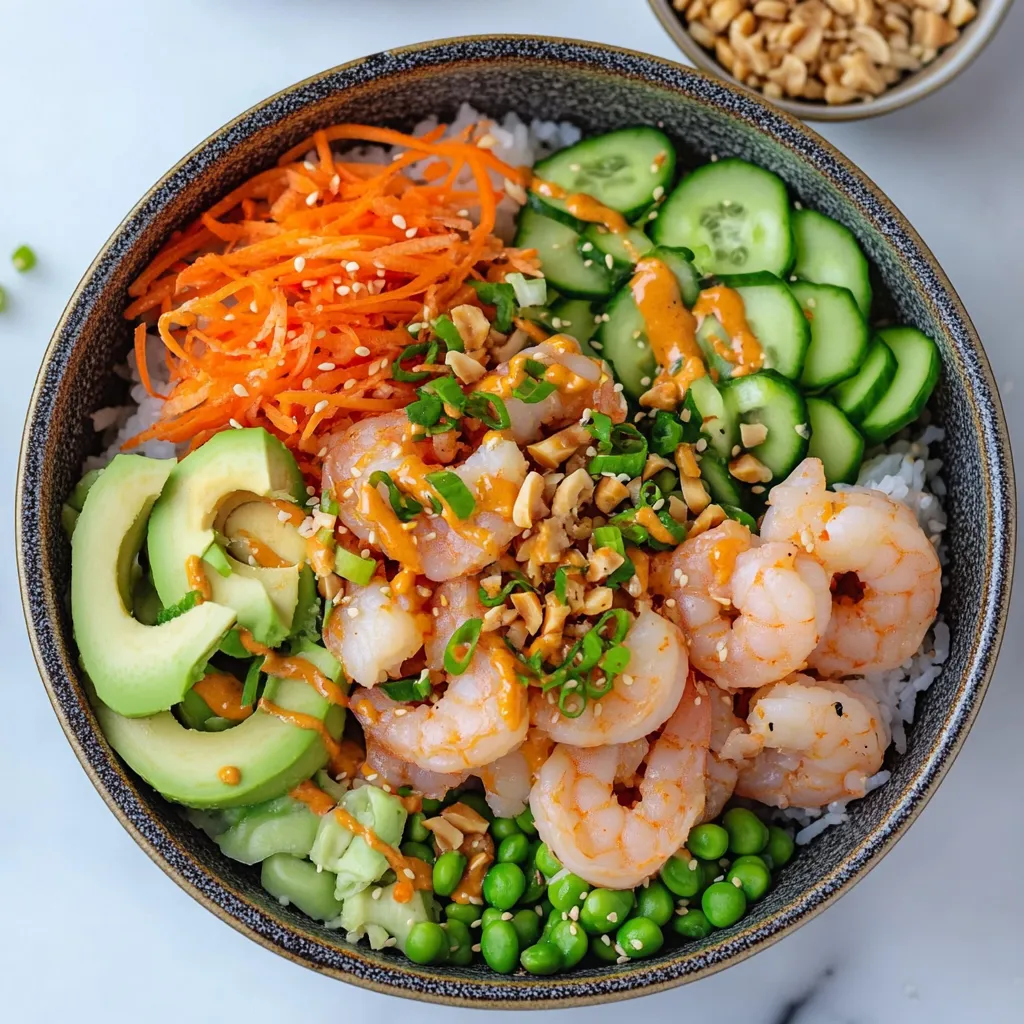 Un bowl de camarones y vegetales, incluyendo zanahorias y pepinos, servido en una mesa.