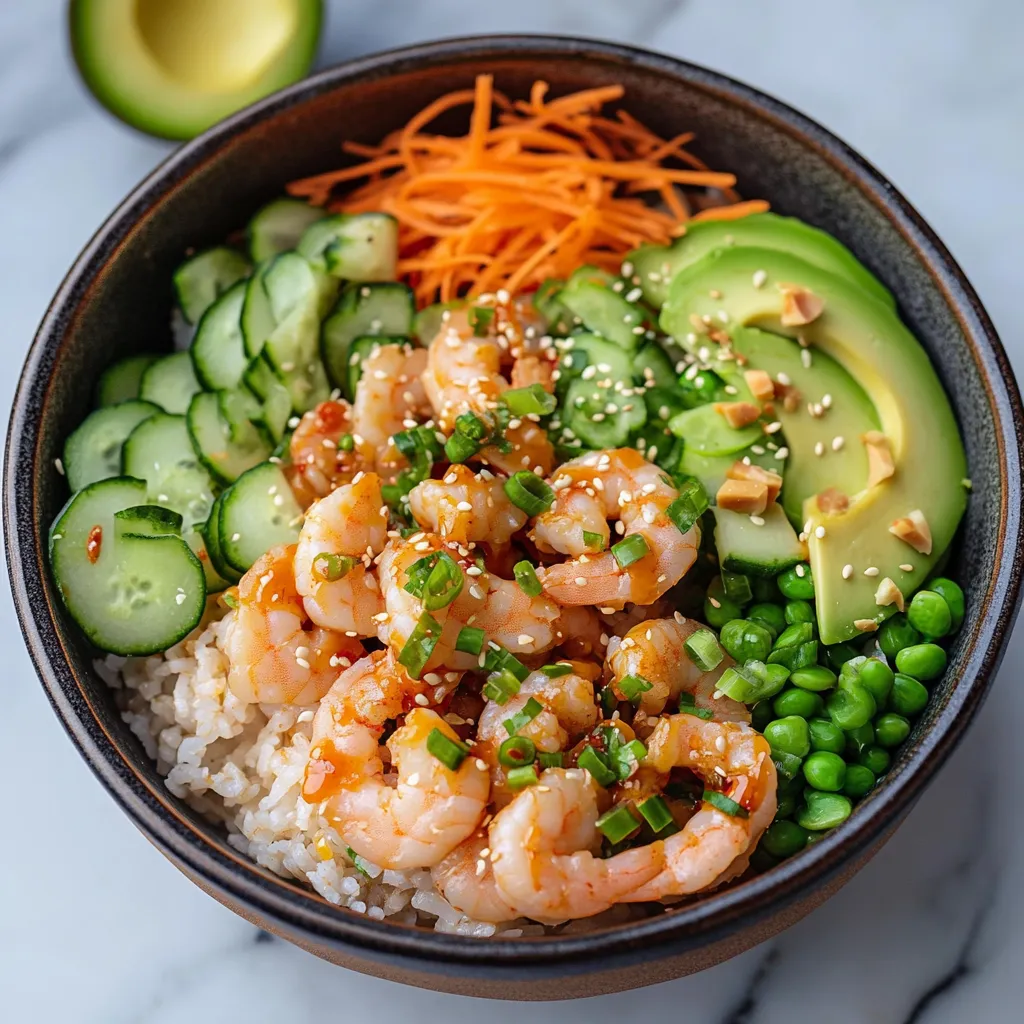 Un bowl de camarones y vegetales, incluyendo zanahorias y aguacate, sobre una mesa.