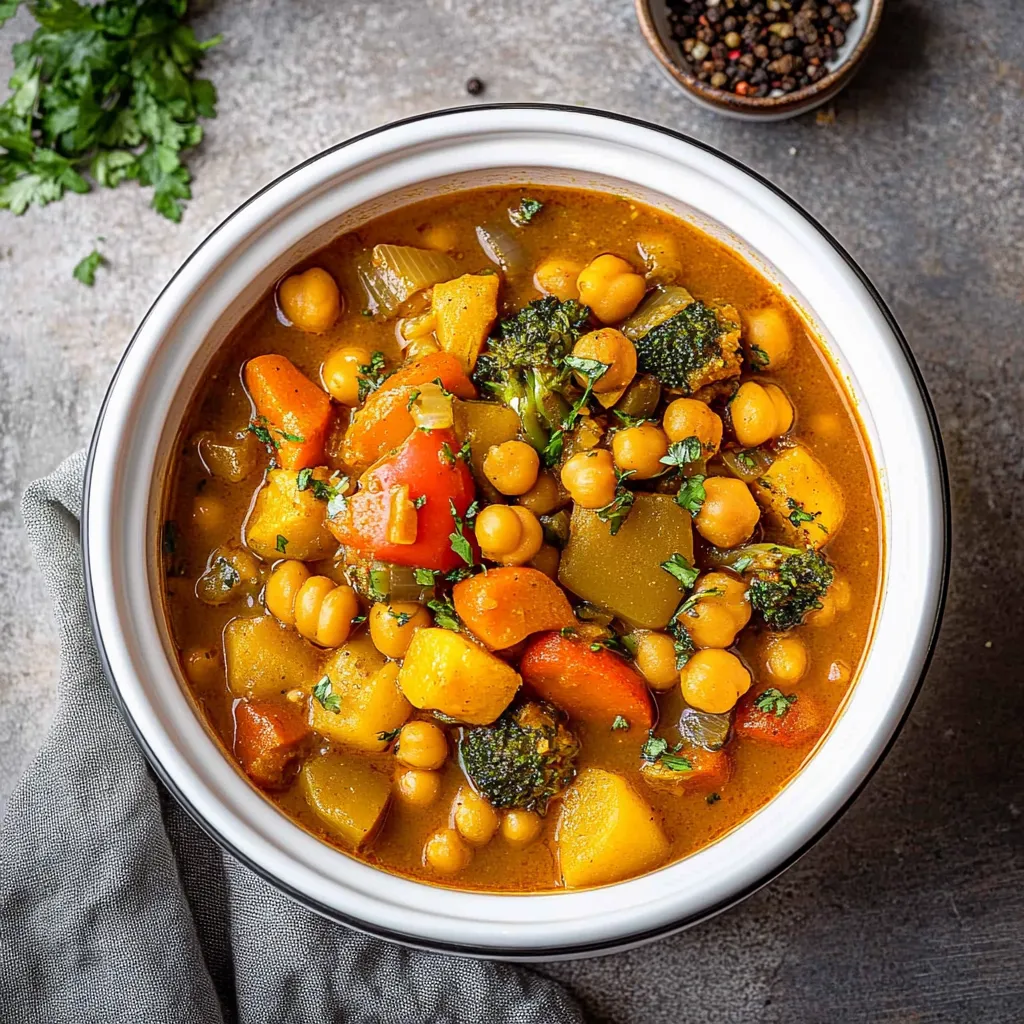 Un cuenco de curry con verduras y garbanzos.