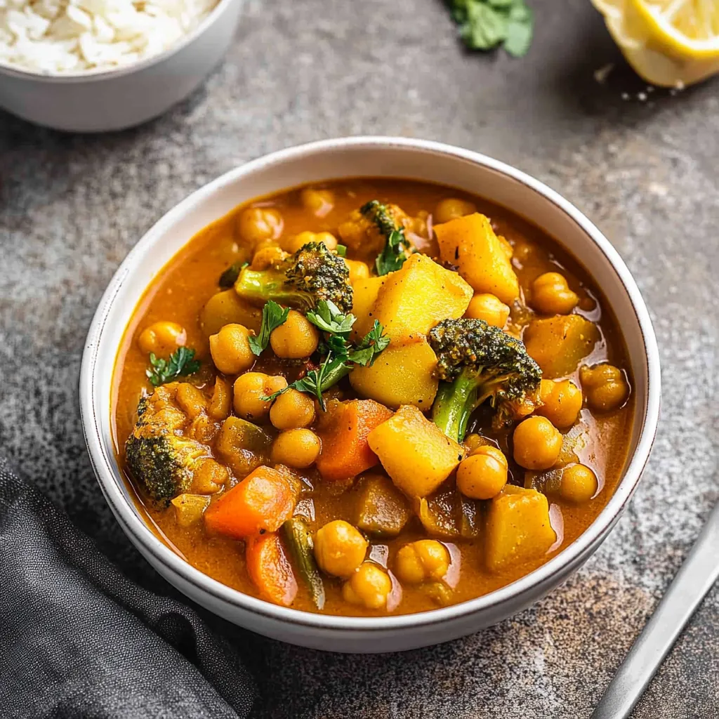 Un cuenco de curry con verduras y garbanzos.