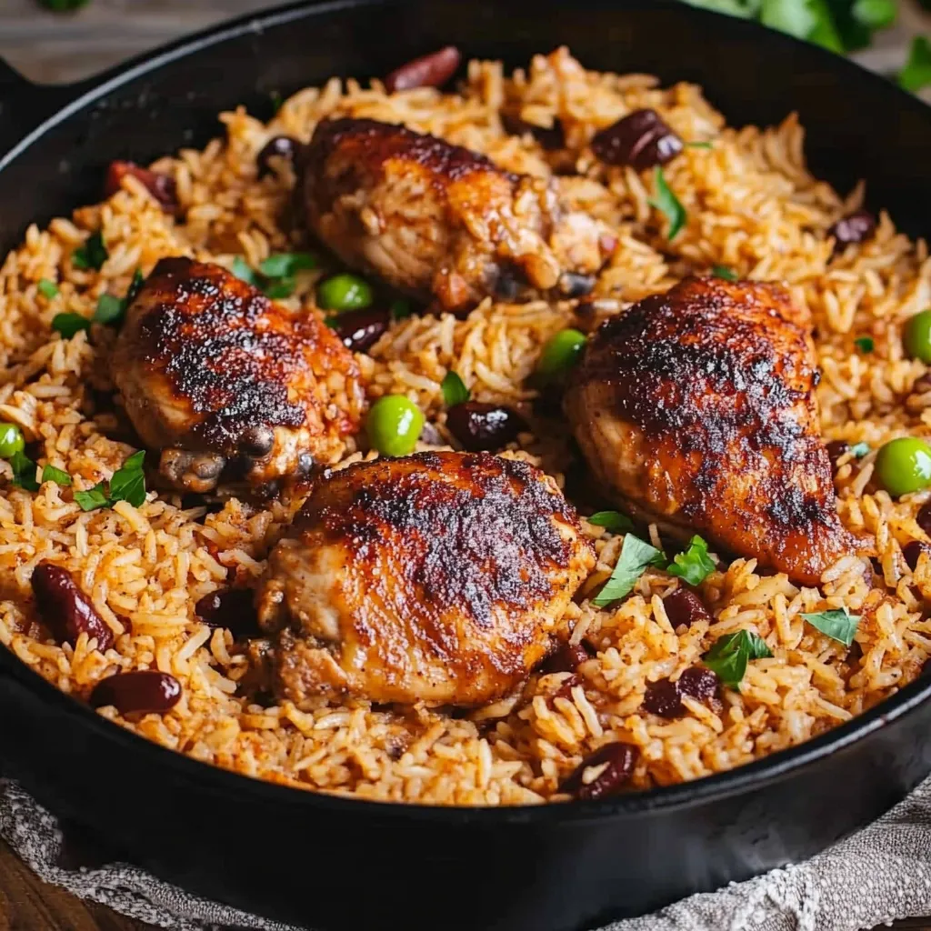 Un platillo delicioso de arroz con pollo y frijoles.