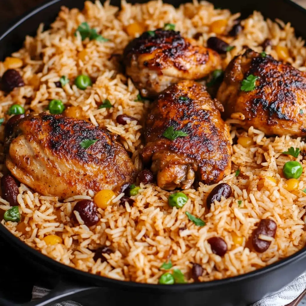 Un delicioso plato de arroz con pollo y frijoles.