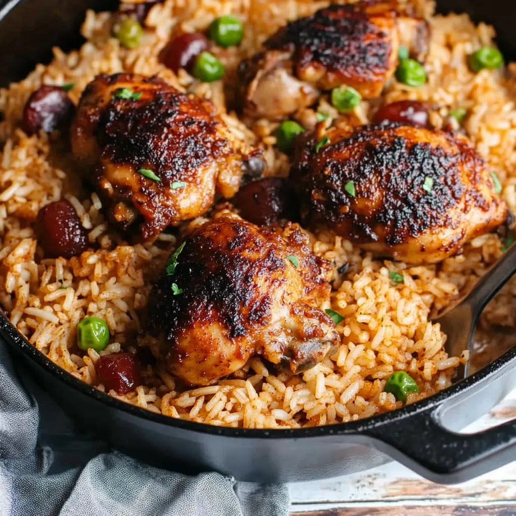 Un apetitoso plato de arroz con pollo y frijoles listo para servir.