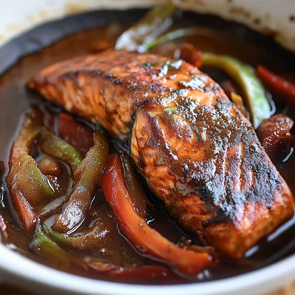 Un primer plano de un plato delicioso, con un trozo de pescado y variedad de verduras, incluyendo zanahorias y pimientos.