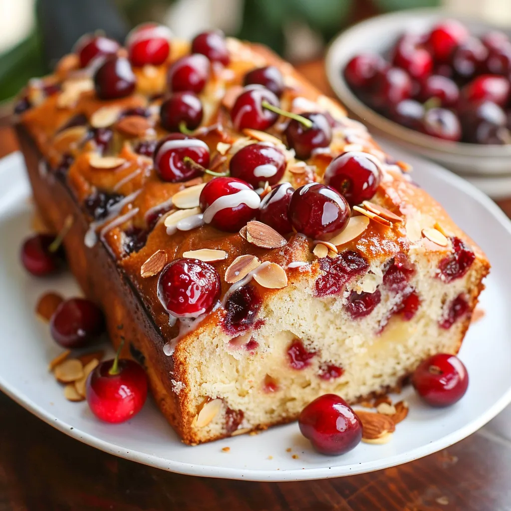 Un pan dulce decorado con cerezas listo para degustar.