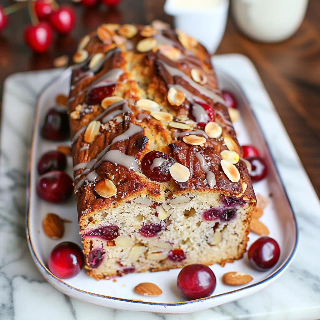 Un delicioso bizcocho con cerezas y almendras por encima.