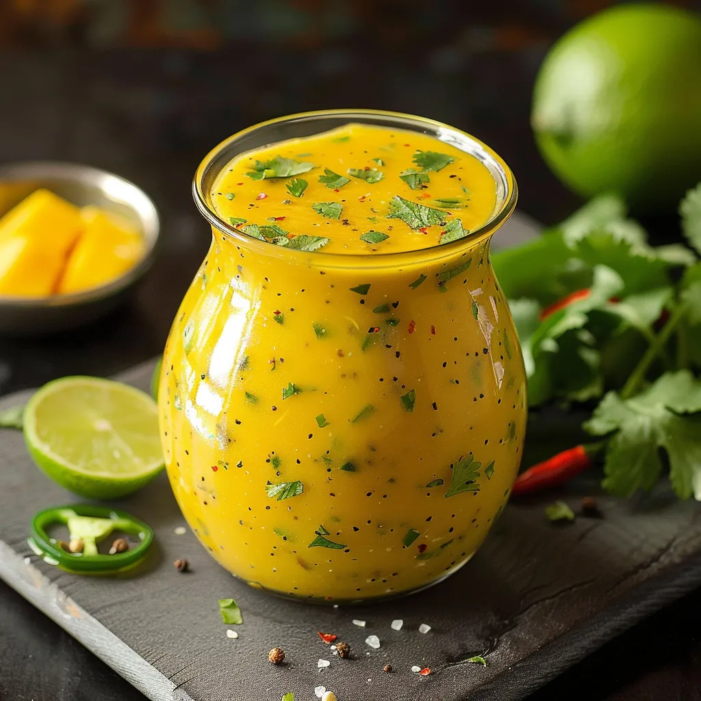 Un vaso de salsa amarilla con especias verdes sobre una mesa.