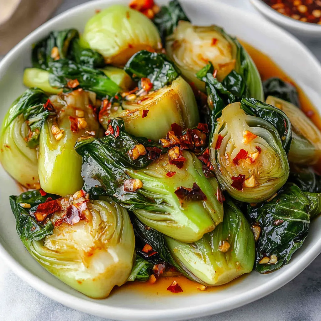 Un tazón de verduras, incluyendo brócoli y repollo, cubierto con una salsa picante.