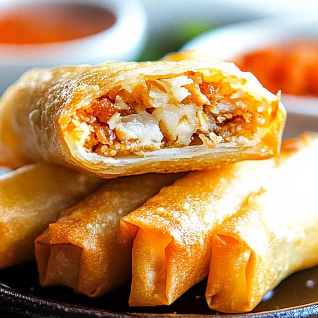 Un plato de rollitos primavera recién hechos con varias salsas.