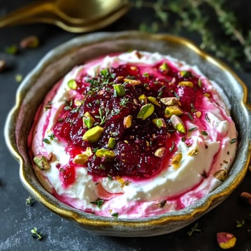 A bowl of creamy yogurt topped with a vibrant berry compote, crushed pistachios, and fresh thyme, set against a dark background.