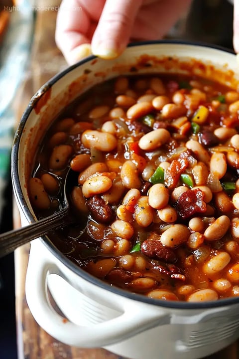 Una olla de frijoles caseros con cerveza de raíz y tocino