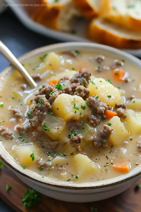 Tazón de sopa cremosa de patata y carne molida con verduras