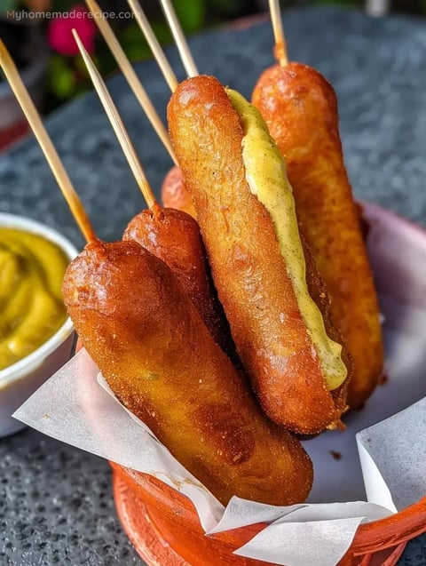 Corn dogs dorados con salsa para untar
