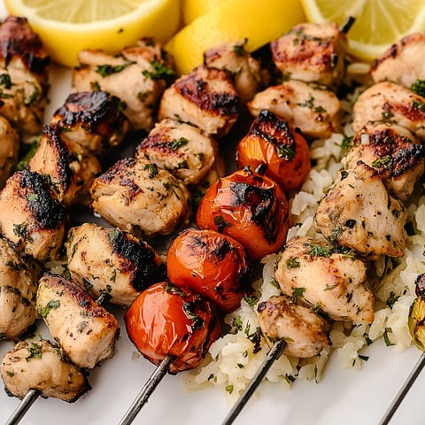 Brochetas de pollo griego con arroz limon