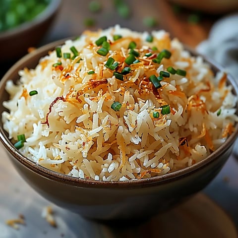 Un plato de arroz con cebolla caramelizada y perejil encima.