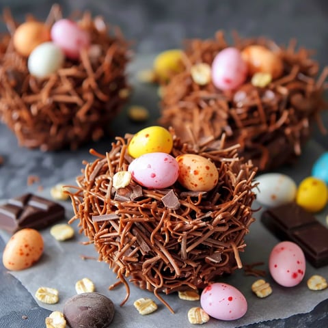 Dulces de chocolate y malvavisco con huevitos de colores y caramelos.