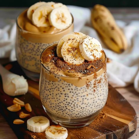 Dos vasos con yogurt, platano y nueces sobre la mesa.