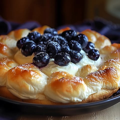 Un delicioso postre con arándanos y crema por encima.